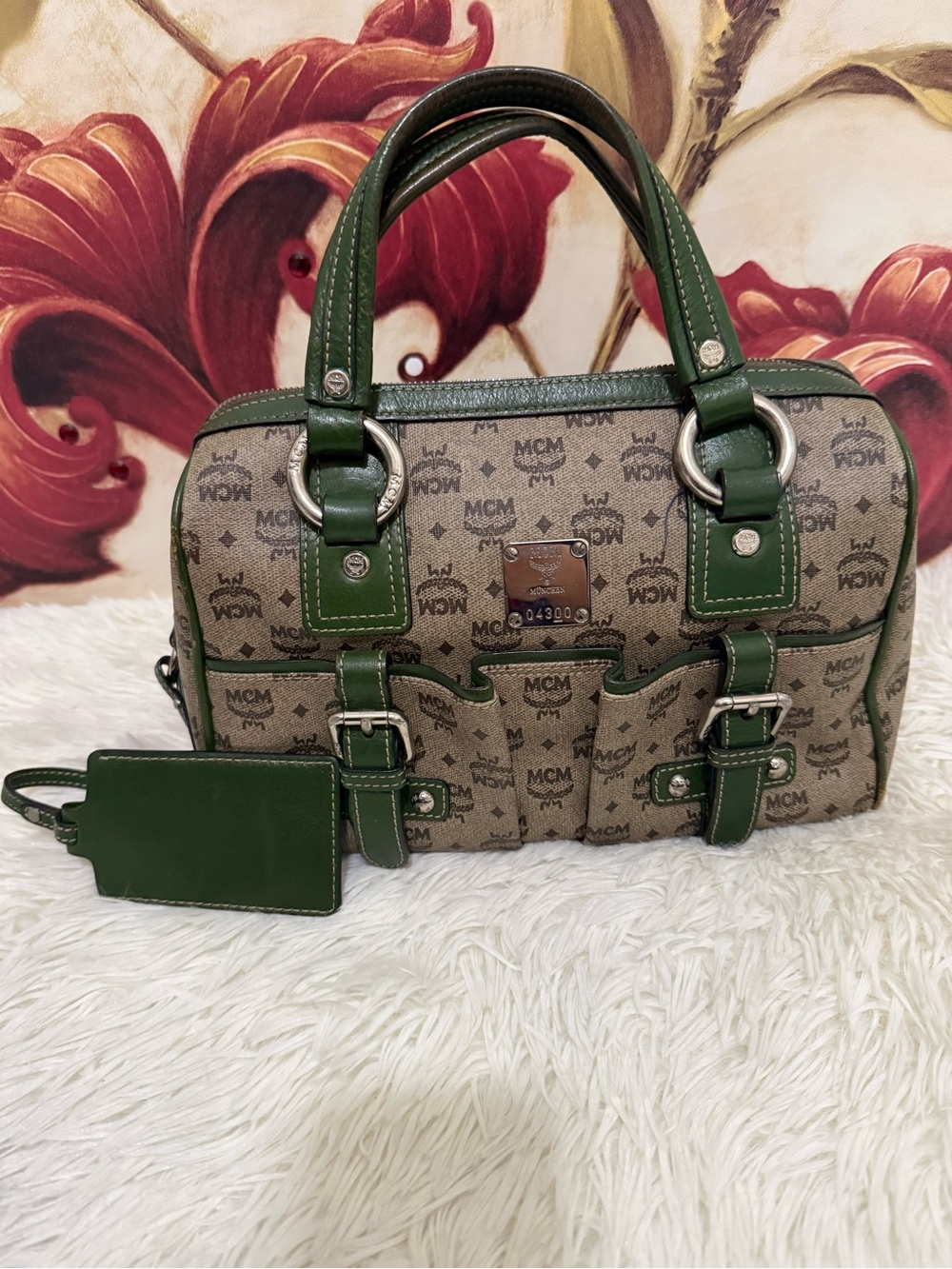 MCM Visetos Boston Bag Green Leather Trim